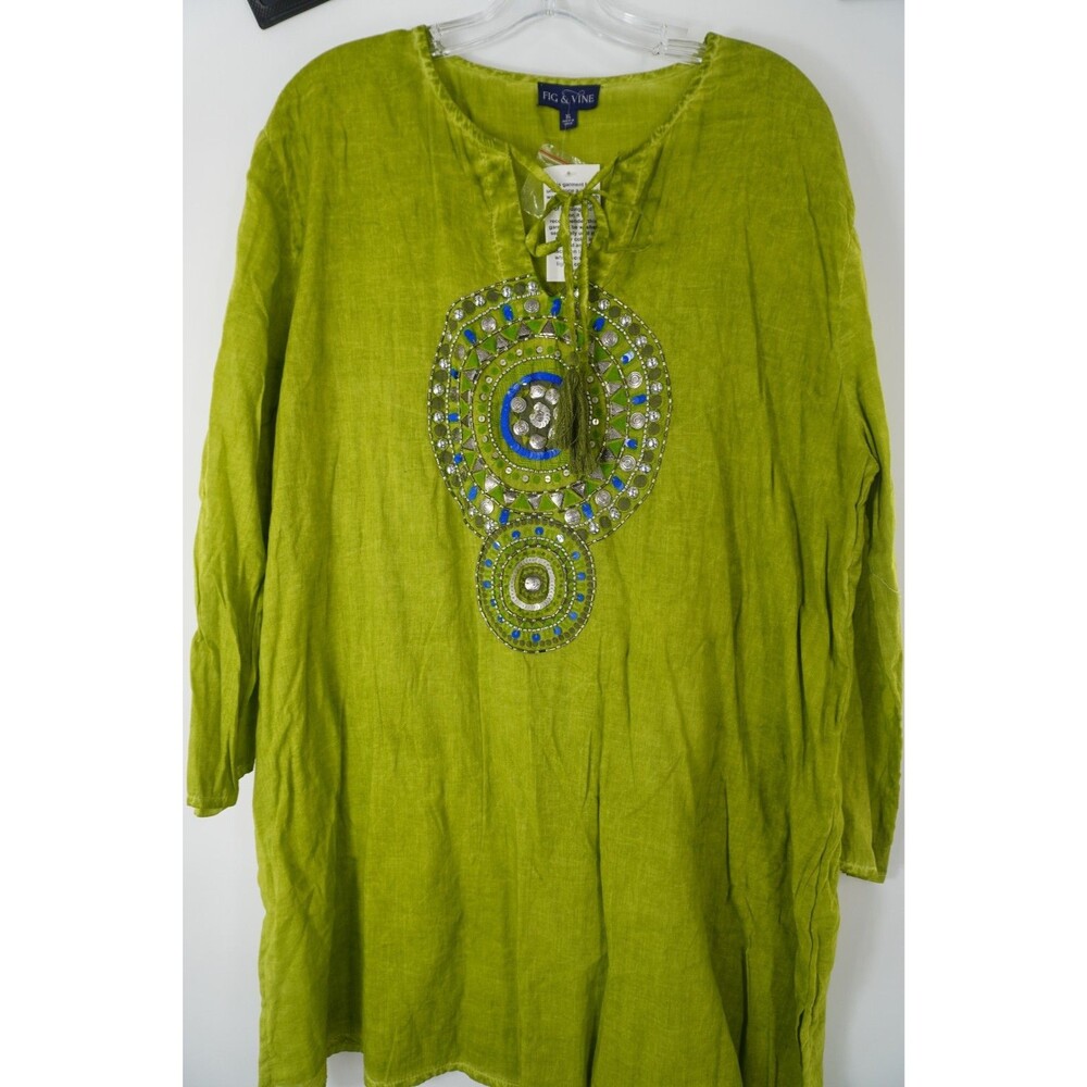 Fig & Vine Chartreuse Green Boho Hippie Chic Embroidered Mirror Tunic Top XL NWT